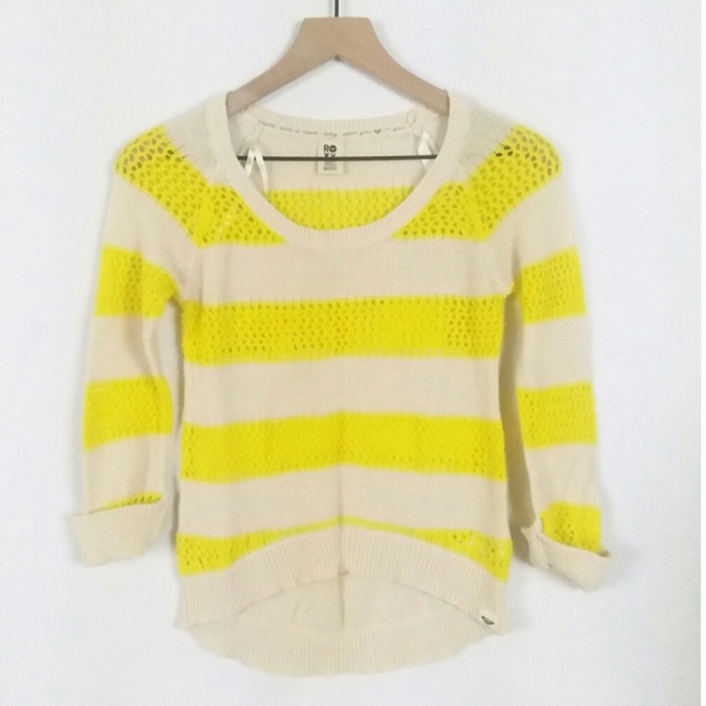 Roxy Striped Knit High Low Sweater White Yellow